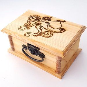 Octopus Small Wooden Box With Latch, OceanTheme